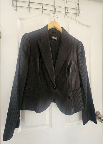 Roman Marka Saten Çizgili Blazer Ceket Etek 2 li Takim