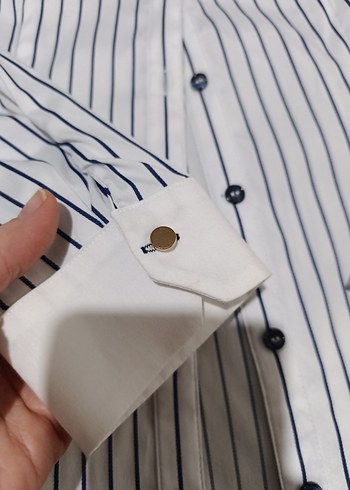 Çizgili saten Kadın Gömlek - Görsel 2