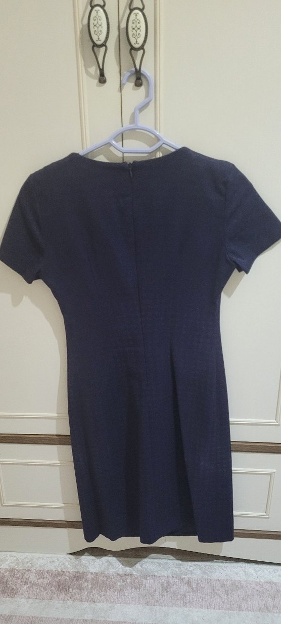 Lacivert  kare Yaka Kısa Kollu Elbise - Görsel 2