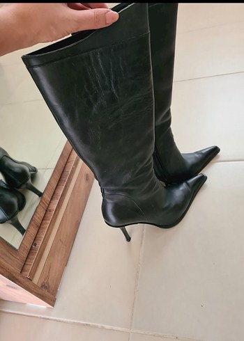 Siyah Deri Dizüstü Stiletto Botlar - Görsel 2