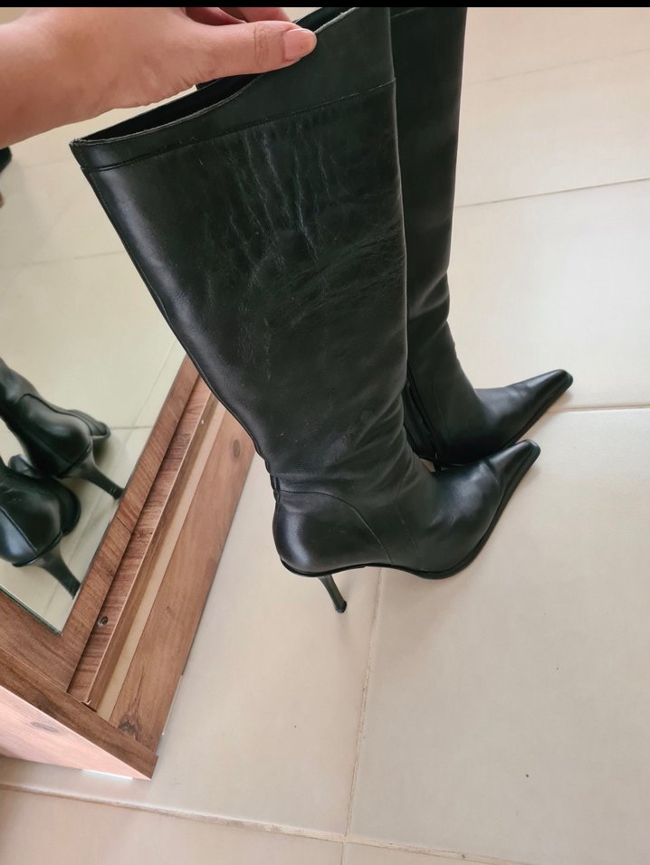 Siyah Deri Dizüstü Stiletto Botlar - Görsel 2