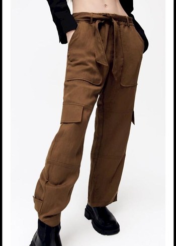 Kahverengi  Kemerli Bol Kesim Kadın Pantolon - Görsel 2