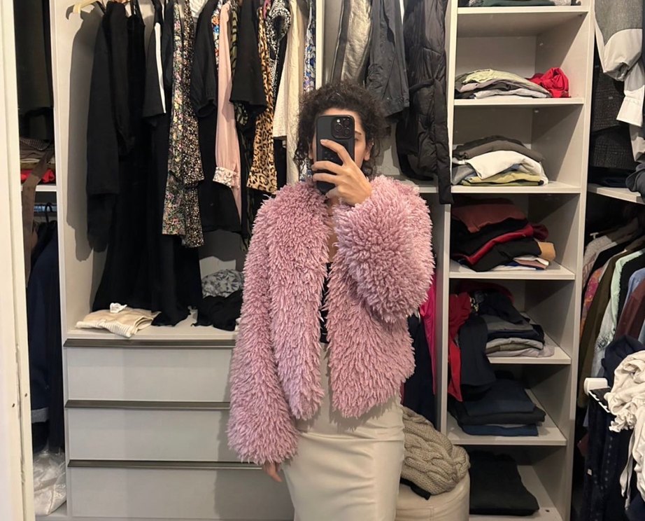 Mor Peluş Kadın Mont - Görsel 4