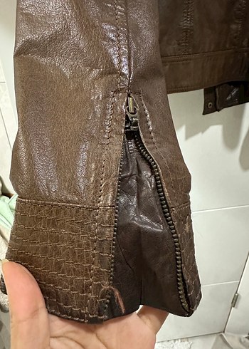 Kahverengi Kemerli Deri Biker Ceket - Görsel 5