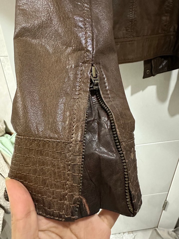 Kahverengi Kemerli Deri Biker Ceket - Görsel 5