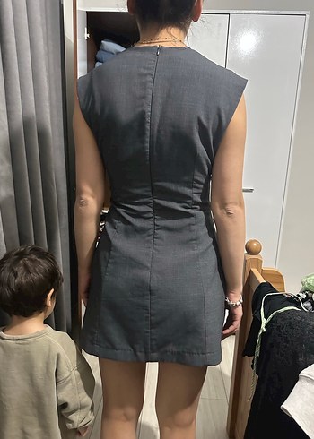 V Yaka Gri Denim Midi Elbise - Görsel 2