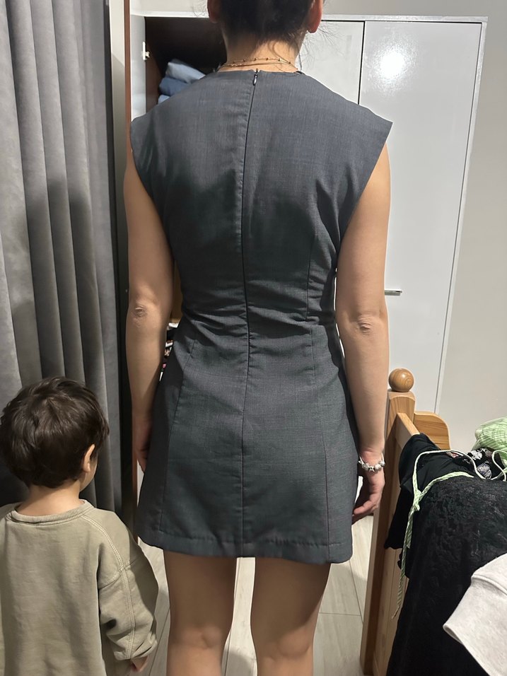 V Yaka Gri Denim Midi Elbise - Görsel 2