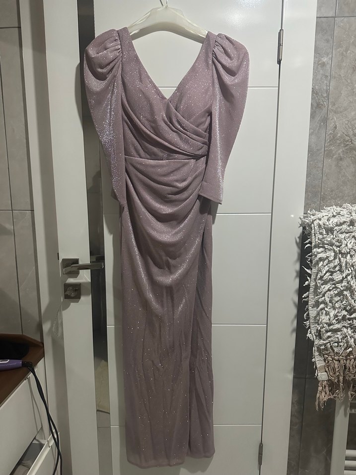 Drapeli V Yaka Uzun Abiye Elbise - Görsel 4