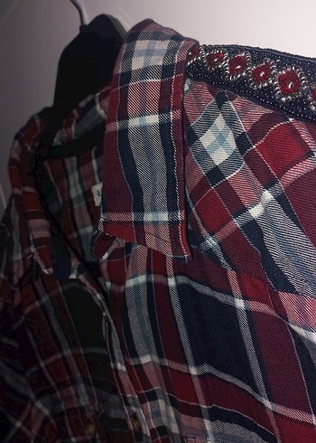 Bordo Ekose Desenli Kadın Gömlek - Görsel 2