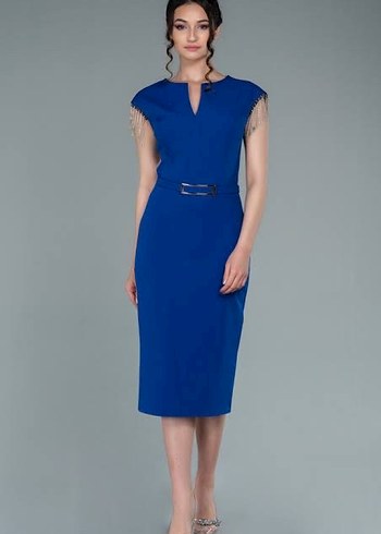 Mavi Kemerli V Yaka Midi boy Abiye Elbise - Görsel 2