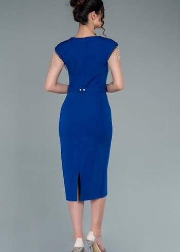 Mavi Kemerli V Yaka Midi boy Abiye Elbise - Görsel 3