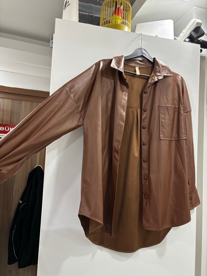 Düğmeli Kahverengi Uzun Deri Ceket - Görsel 2