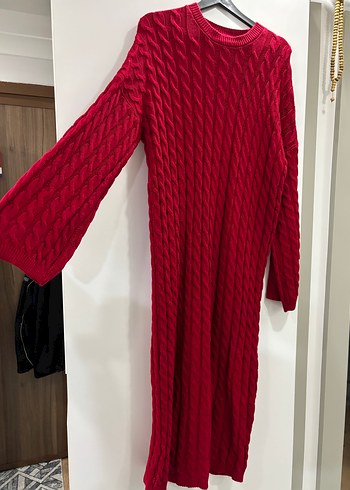 Kırmızı Örgü Kadın Uzun Elbise - Görsel 2