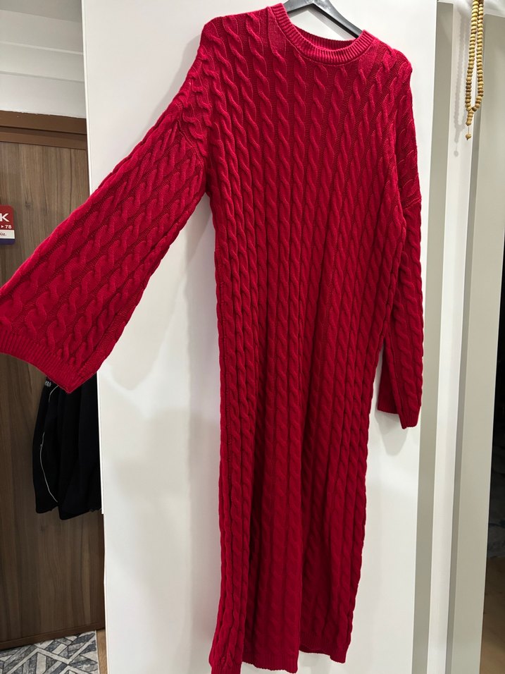 Kırmızı Örgü Kadın Uzun Elbise - Görsel 2