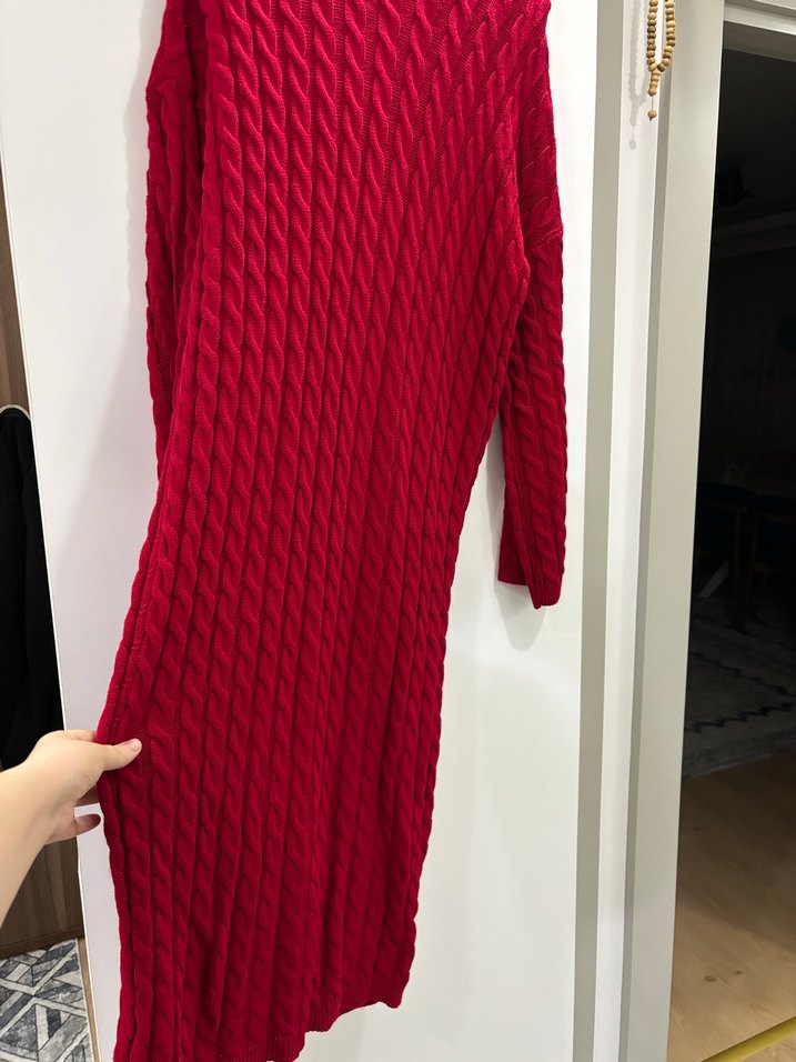 Kırmızı Örgü Kadın Uzun Elbise - Görsel 3