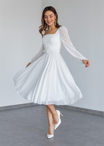 Beyaz Uzun Kollu Transparan Detaylı Uzun Elbise - Görsel 4