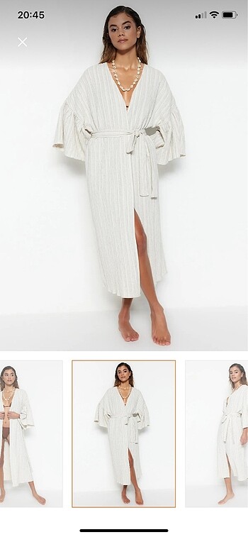 Ekru kuşaklı maxi dokuma volanlı keten karışımlı plaj kimono kaf - Görsel 2