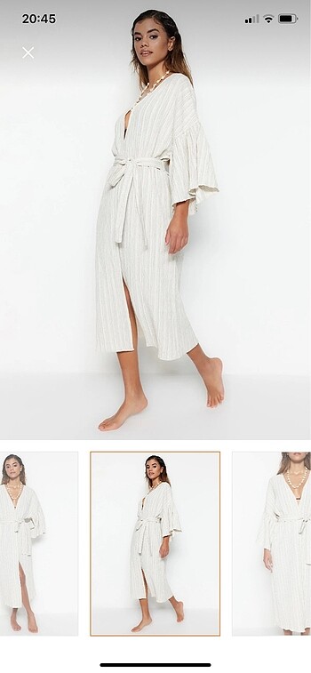 Ekru kuşaklı maxi dokuma volanlı keten karışımlı plaj kimono kaf - Görsel 3