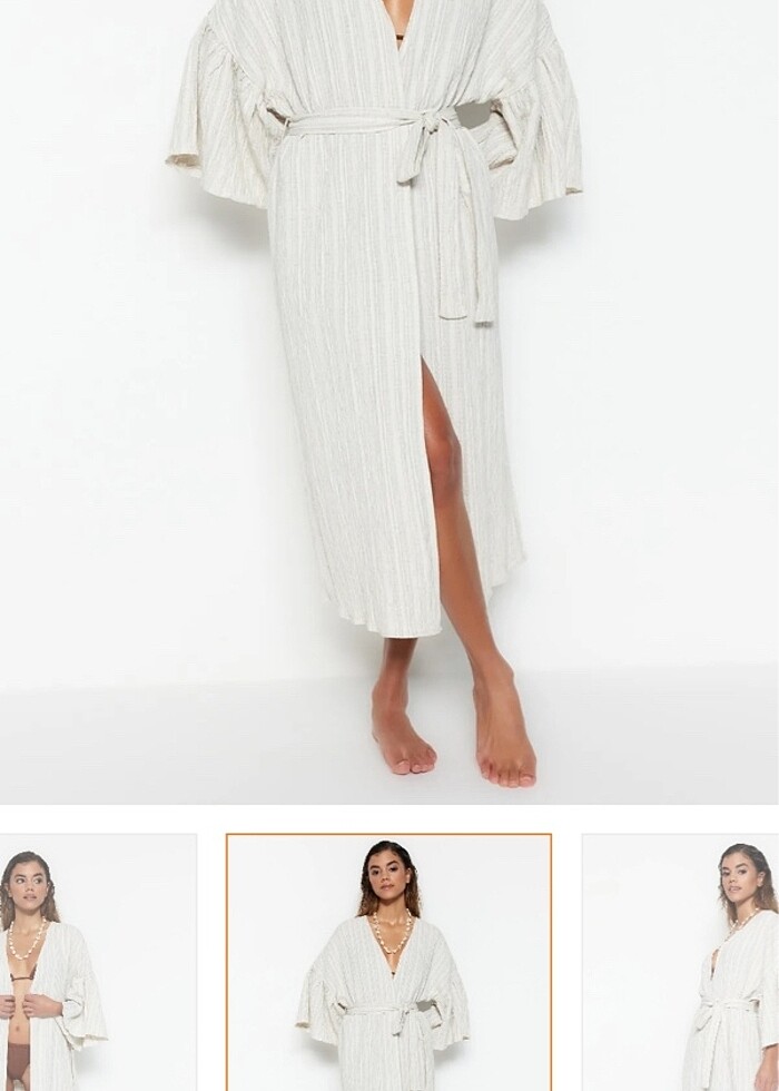 Ekru kuşaklı maxi dokuma volanlı keten karışımlı plaj kimono kaf - Görsel 2