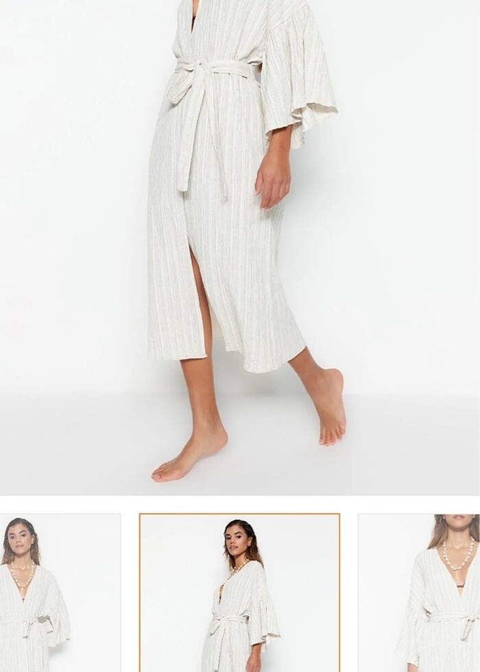 Ekru kuşaklı maxi dokuma volanlı keten karışımlı plaj kimono kaf - Görsel 3