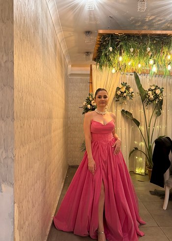 Pembe Drapeli Uzun Straplez Kadın Abiye - Görsel 2