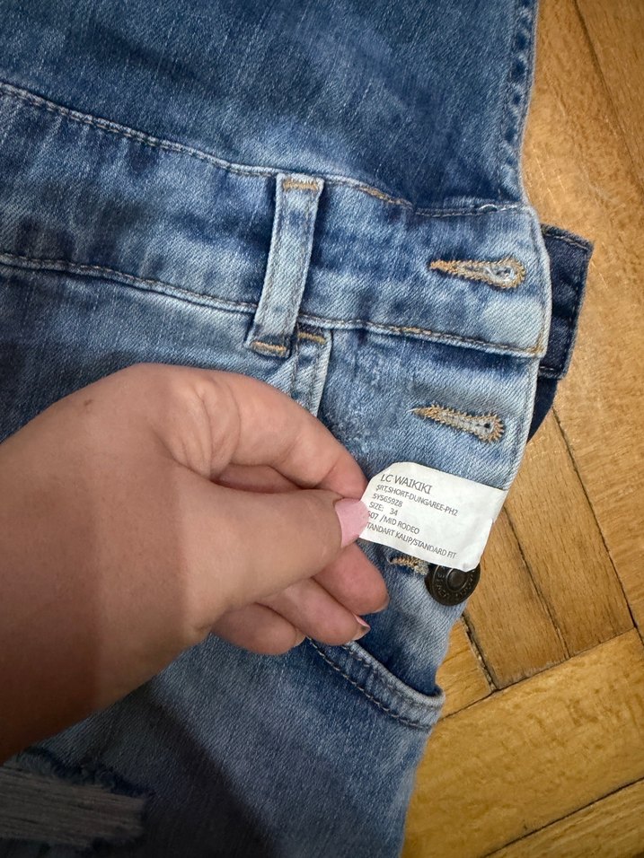 Mavi Kot Askılı Şort Tulum - Görsel 3