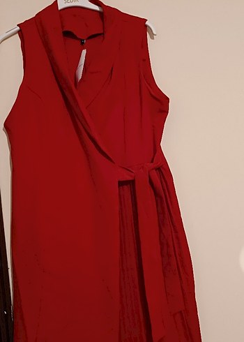 Kırmızı Midi Kolsuz Ofis Elbisesi - Görsel 5