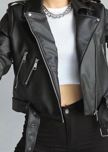 Diğer Fermuarlı Siyah Deri Biker Ceket