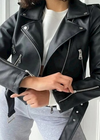 Fermuarlı Siyah Deri Biker Ceket