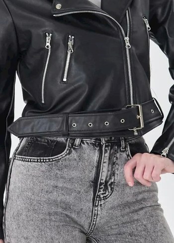 s Beden siyah Renk Fermuarlı Siyah Deri Biker Ceket