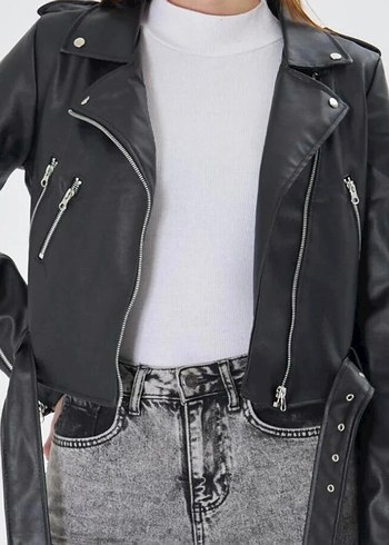Fermuarlı Siyah Deri Biker Ceket - Görsel 3