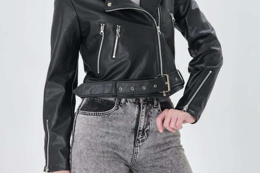 Fermuarlı Siyah Deri Biker Ceket - Görsel 4