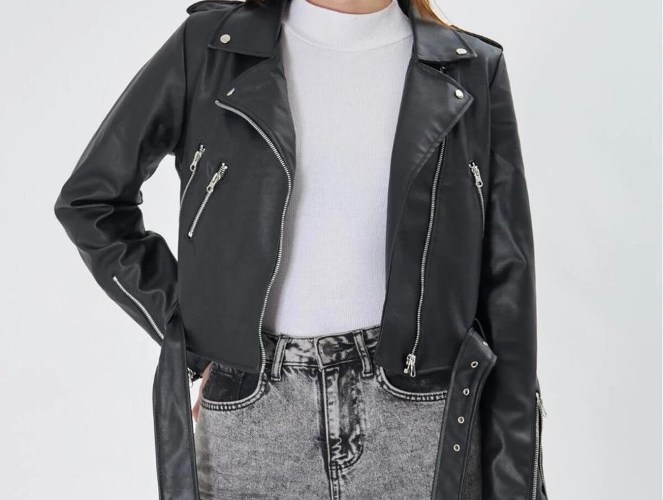 Fermuarlı Siyah Deri Biker Ceket - Görsel 3
