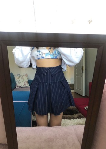 Lacivert Çizgili Kadın Mini Etek - Görsel 2