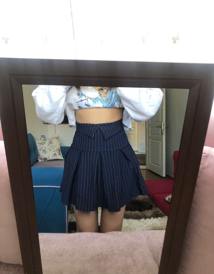 Lacivert Çizgili Kadın Mini Etek - Görsel 2