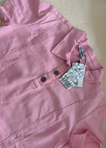 Düğmeli Pembe Keten Mini Elbise - Görsel 3