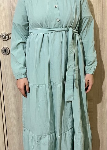 Uzun Turkuaz Keten Elbise - Görsel 2