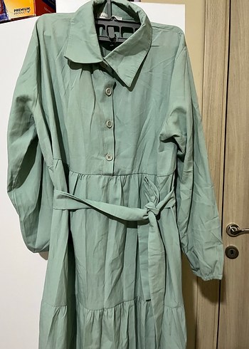 Uzun Turkuaz Keten Elbise - Görsel 3