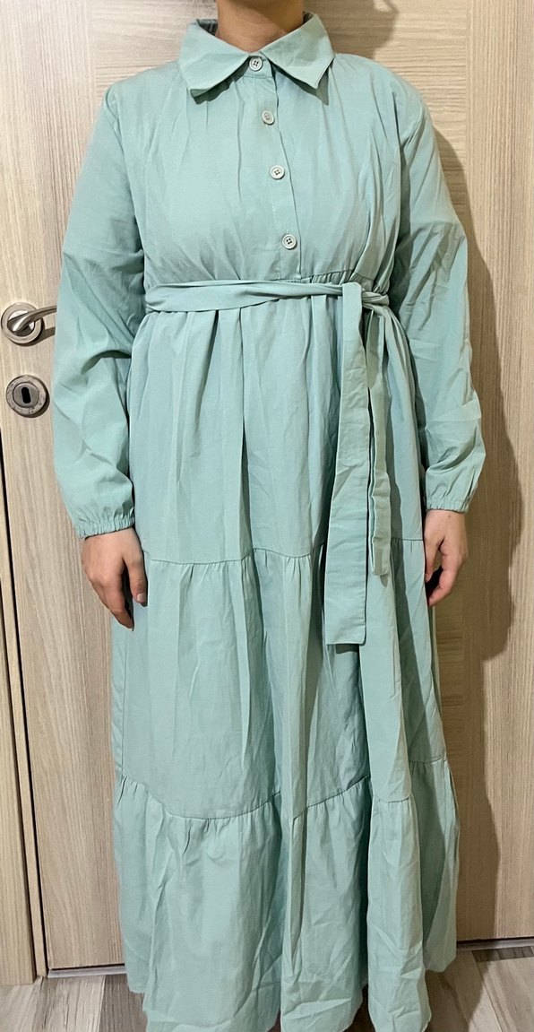 Uzun Turkuaz Keten Elbise - Görsel 2