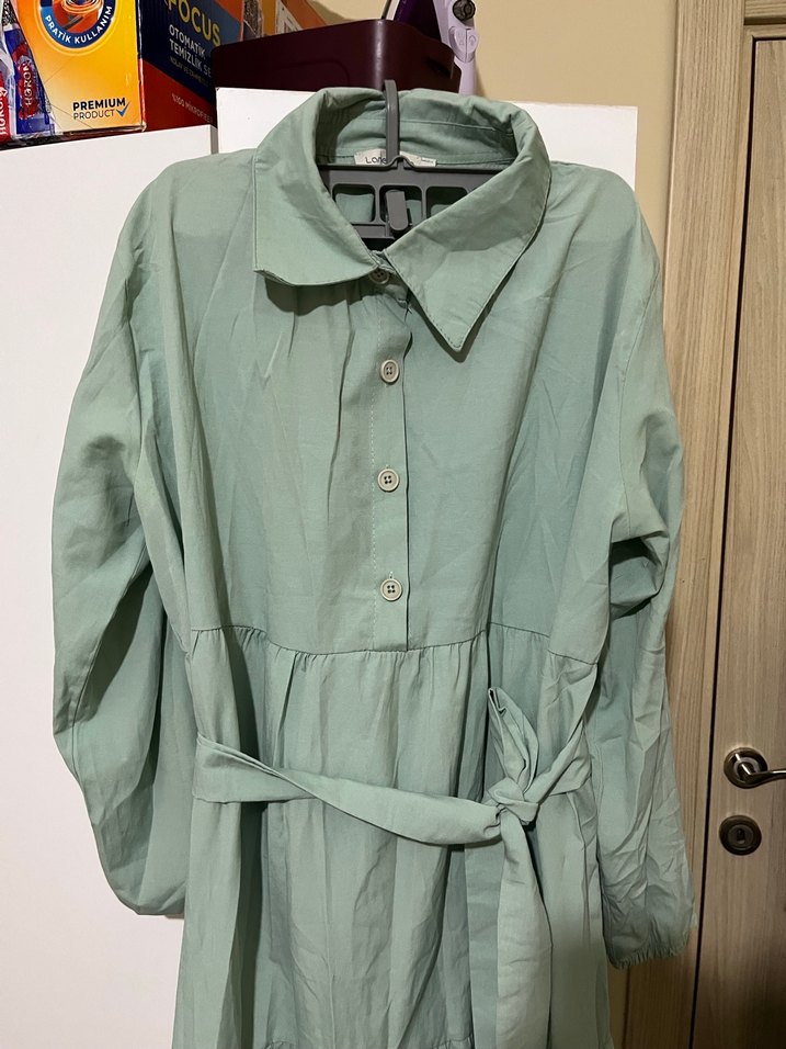 Uzun Turkuaz Keten Elbise - Görsel 4