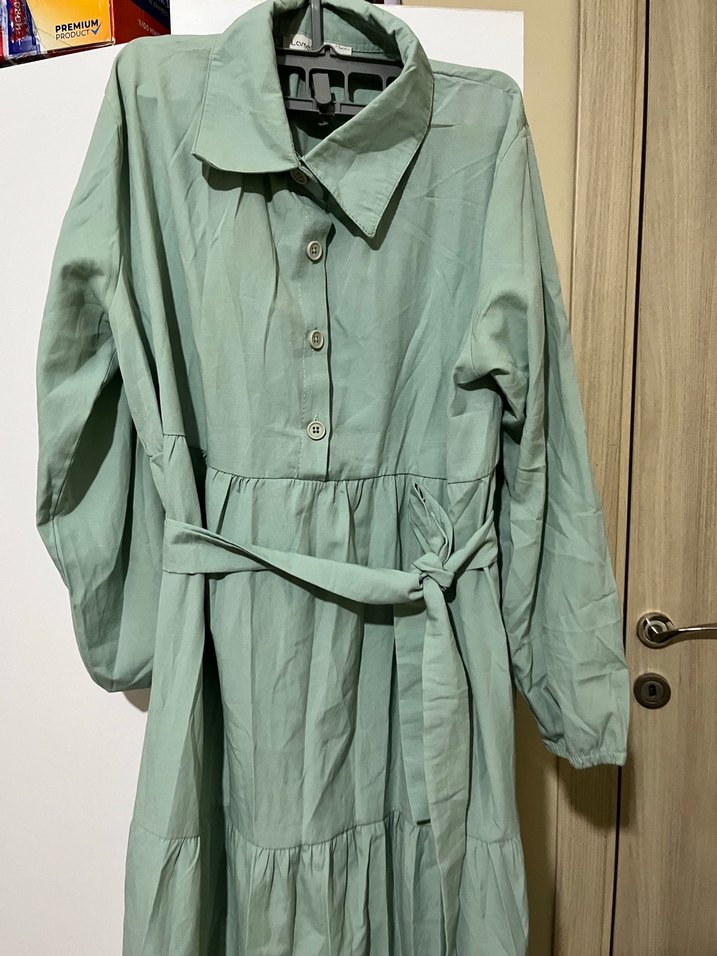 Uzun Turkuaz Keten Elbise - Görsel 3