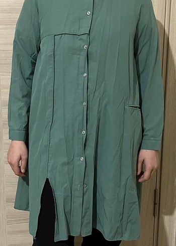 Kadın Haki Uzun Kollu Keten Tunik - Görsel 3