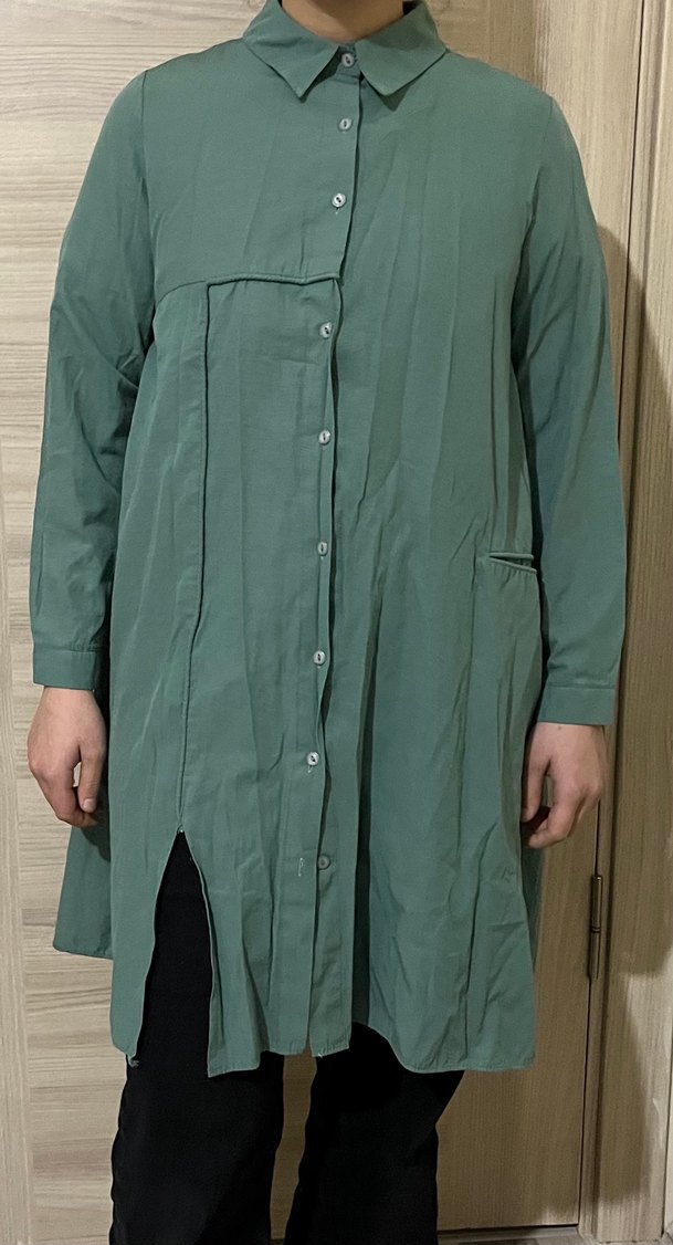 Kadın Haki Uzun Kollu Keten Tunik - Görsel 3