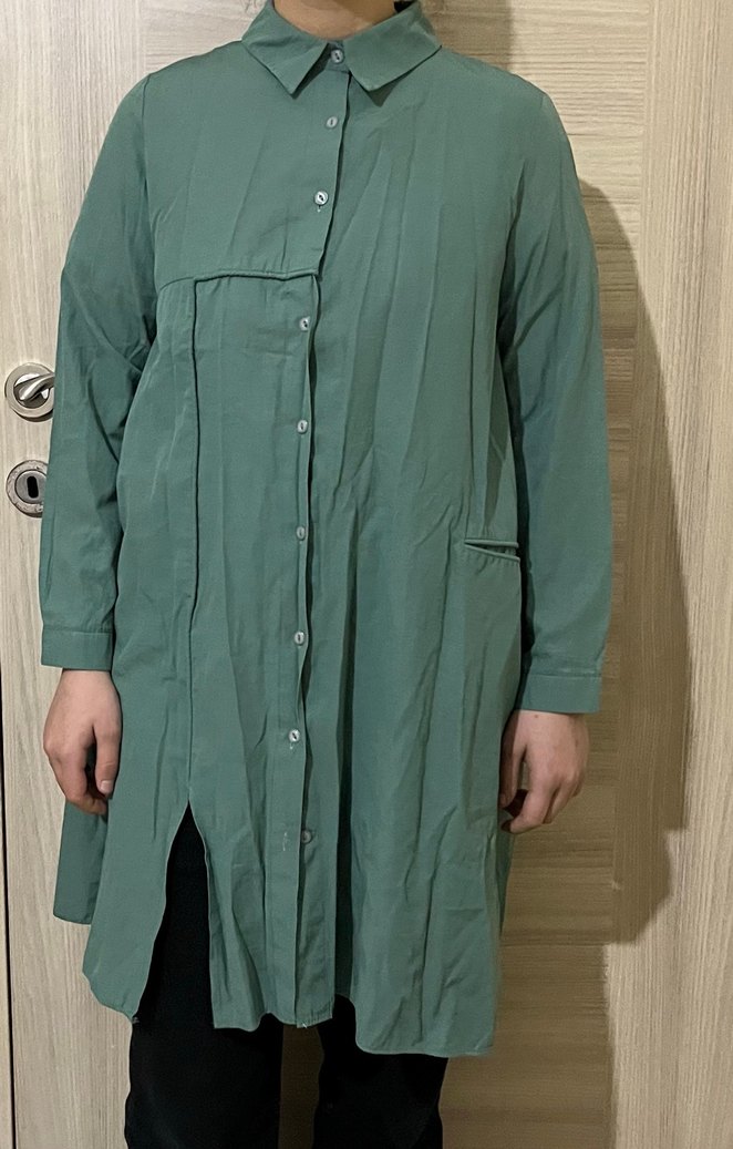 Kadın Haki Uzun Kollu Keten Tunik - Görsel 2