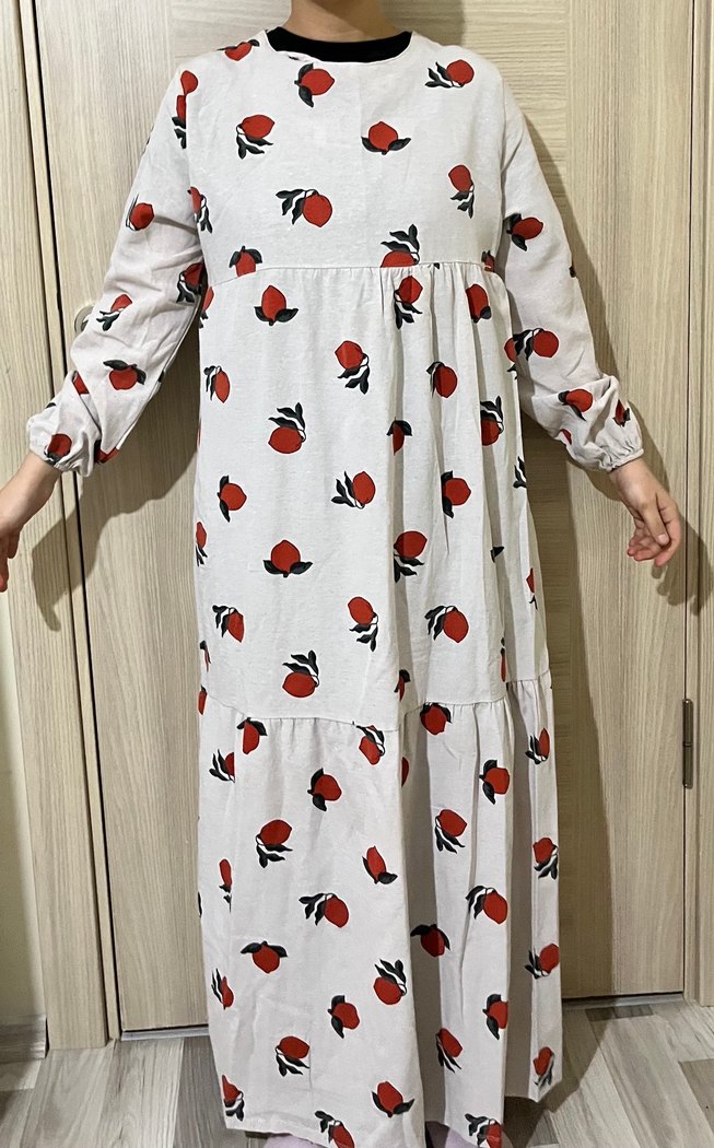 Beyaz Baskılı Uzun Salaş Kadın Elbise - Görsel 2