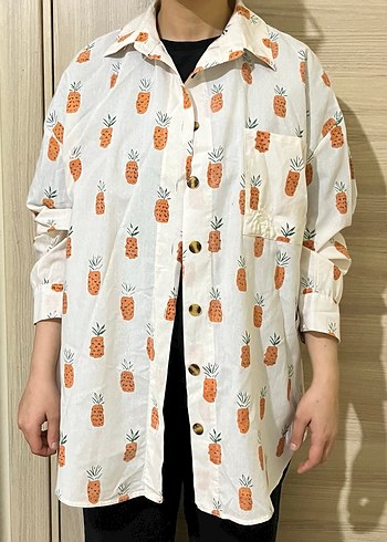 Beyaz Ananas Desenli Uzun Kollu Kadın Gömlek - Görsel 5