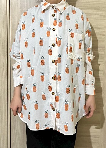 Beyaz Ananas Desenli Uzun Kollu Kadın Gömlek - Görsel 3