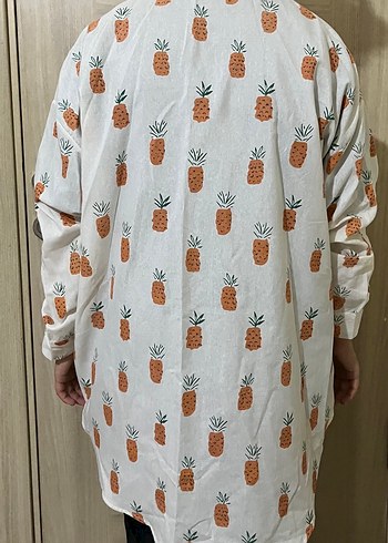Beyaz Ananas Desenli Uzun Kollu Kadın Gömlek - Görsel 4