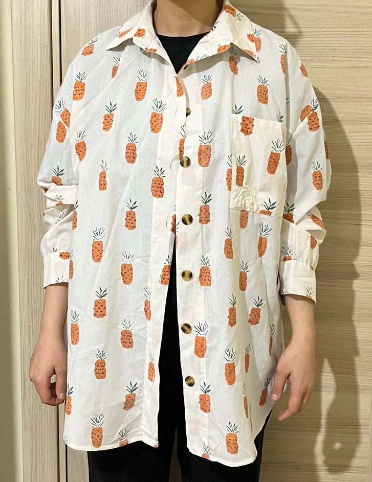 Beyaz Ananas Desenli Uzun Kollu Kadın Gömlek - Görsel 5