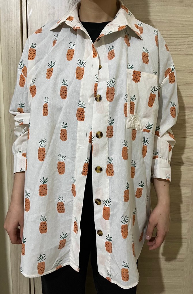 Beyaz Ananas Desenli Uzun Kollu Kadın Gömlek - Görsel 2